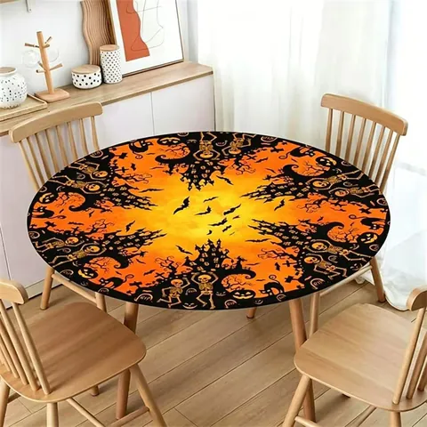 Halloween Rund Tischdecke Mit Elastischem Rand Wasserdicht Ölabweisend Polyester Tischdecke Für Party Esszimmer Dekoration