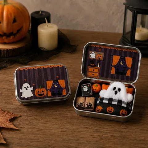 Halloween Geest Blikken Doos Mini Pluche Pop Pompoen Miniatuur Decoratie Griezelige Party Geschenkdoos Ornament