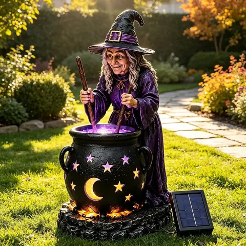 Halloween Solar Light Outdoor Witch Cauldron Statue Solar Powered Glowing Witch Figurine Garden Yard Halloween Decoration