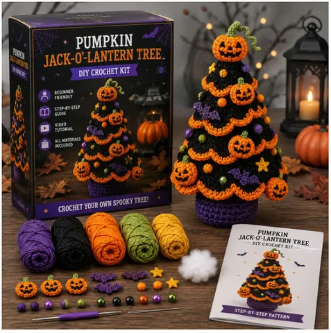 Halloween DIY Σετ με Βελονάκι για Αρχάριους Φίλτρο Μάγισσας Κολοκύθα Γάτα Δέντρο Φεγγάρι Χειροποίητο Σετ Χειροτεχνίας