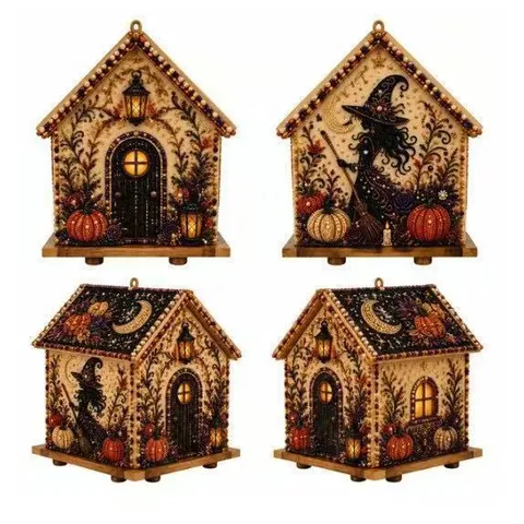 Kit Artistico Perle 3D Halloween Casetta Legno Zucca Fantasma Strega Pittura Strass Fai Da Te Per Decorazioni Casa Festa