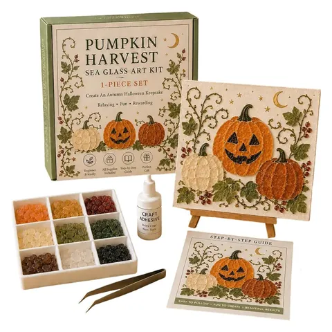 Σετ Τέχνης με Γυαλί Θαλάσσης για το Halloween DIY Ψηφιδωτό Ζωγραφική με Ξύλινη Βάση Κόλλα Τσιμπιδάκι για Διακόσμηση
