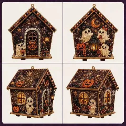 Kit Artistico Perle 3D Halloween Casetta Legno Zucca Fantasma Strega Pittura Strass Fai Da Te Per Decorazioni Casa Festa