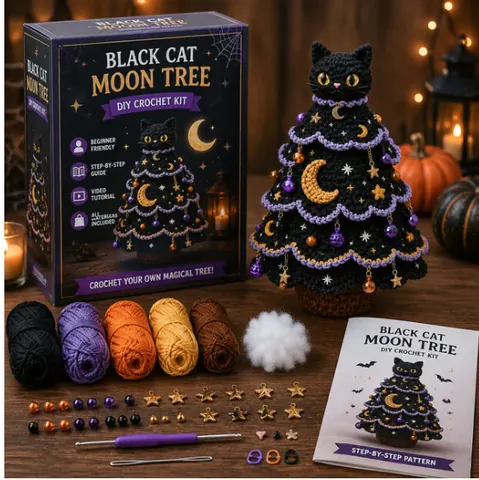 Halloween DIY Σετ με Βελονάκι για Αρχάριους Φίλτρο Μάγισσας Κολοκύθα Γάτα Δέντρο Φεγγάρι Χειροποίητο Σετ Χειροτεχνίας