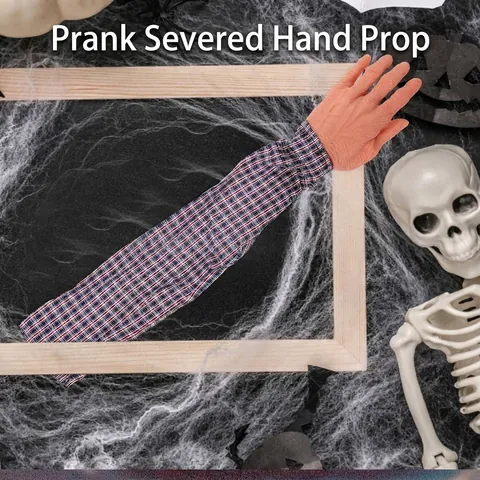 Halloween Realistic Prosthetic Hand Fake Finger Prank Toy With Plaid Shirt Sleeve Horror Prop For Halloween Party Decor
