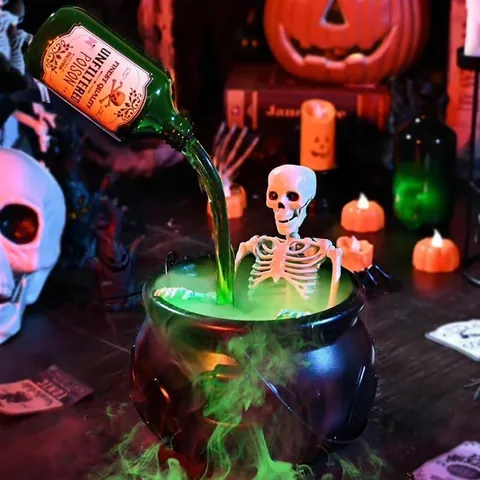 Halloween Witch Cauldron Mist Maker Ornament With LED Light Skull Decor Indoor Spooky Atmosphere Prop Drinking Cauldron Statue