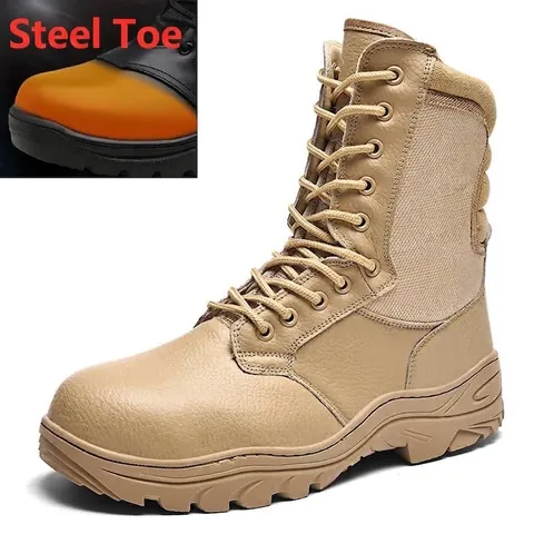Botas de Seguridad Tácticas para Hombre Punta de Acero Anti-Aplastamiento Resistente a Pinchazos Zapatos de Trabajo Militares de Cuero