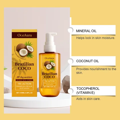 OCEAURA Brazilian COCO Aceite Corporal Reafirmante 100ml Aceite de Coco Hidratante Para Caderas Pecho Y Cuidado de la Piel Mujer