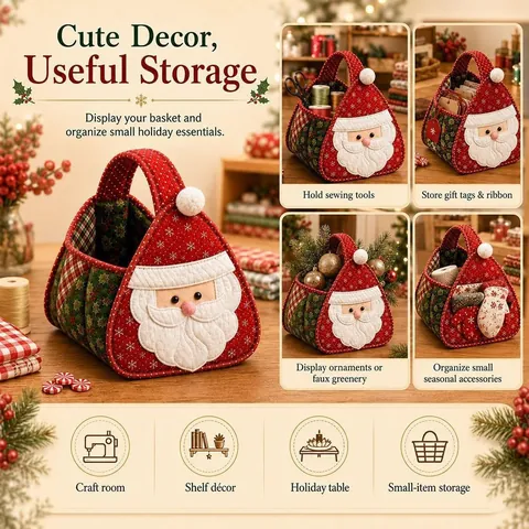 Handmade Quilted Christmas Carry Basket Character Santa Snowman Reindeer Gingerbread Man Festive Storage Basket DIY Gift Bag