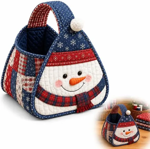 Handmade Quilted Christmas Carry Basket Character Santa Snowman Reindeer Gingerbread Man Festive Storage Basket DIY Gift Bag