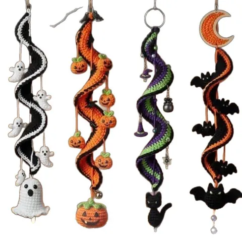 Handmade Halloween Crochet Spiral DIY Hanging Ornament Ghost Pumpkin Witch Hat Bat Festive Yarn Decor Home Party Pendant