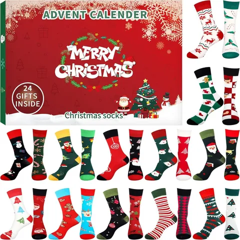 Christmas Advent Calendar Countdown Blind Box Socks Set With Cartoon Santa Reindeer Pattern Holiday Gift For Men Women