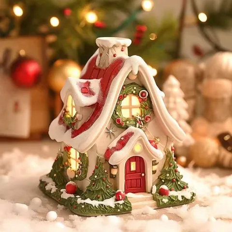 American Style Christmas Snow House Incense Burner Resin Tabletop Ornament Glowing Cottage For Holiday Home Party Decor