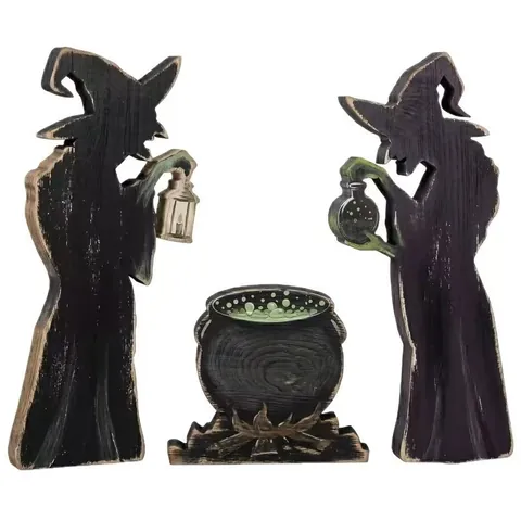 3Pcs Halloween Wooden Witch Cauldron Silhouette Desktop Ornaments Vintage Gothic Witch Statues For Party Home Decor Gift