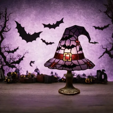 Halloween Witch Hat Table Lamp Resin Tiffany Style Stained Glass Ornament Spooky Bat Spider Desktop LED Decor For Party
