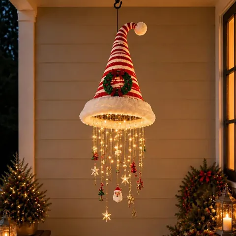 Lighted Santa Hat Hanging Chandelier Christmas Hat Shape LED Lamp Festive Hanging Decoration With Ornaments For Home Party Outdoor Decor