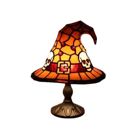 Halloween Witch Hat Table Lamp Resin Tiffany Style Stained Glass Ornament Spooky Bat Spider Desktop LED Decor For Party