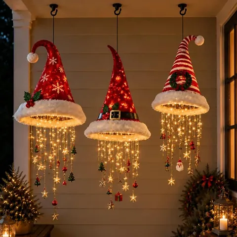 Lighted Santa Hat Hanging Chandelier Christmas Hat Shape LED Lamp Festive Hanging Decoration With Ornaments For Home Party Outdoor Decor