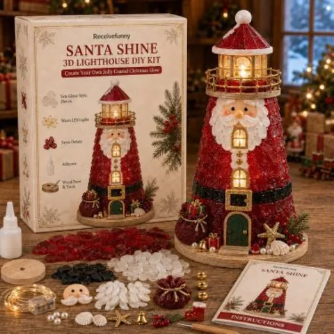 DIY Lighted Christmas Character Lighthouse Kit Santa Snowman Reindeer Sea Glass Style Handmade Art Craft Set With LED Lights