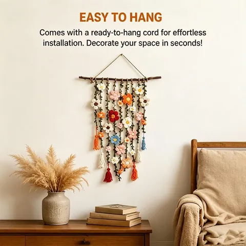 Handmade Crochet Floral Vine Wall Hanging Bohemian Yarn Flower Garland With Wood Branch Christmas Front Door Decoration
