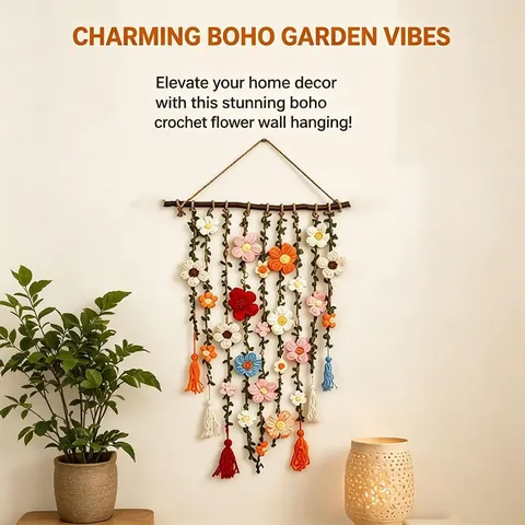 Handmade Crochet Floral Vine Wall Hanging Bohemian Yarn Flower Garland With Wood Branch Christmas Front Door Decoration