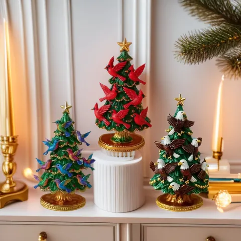 Adorno de Árbol de Navidad de Resina con Colibrí Cardenal Águila Calva Base Dorada Estrella Decoración de Mesa Navidad