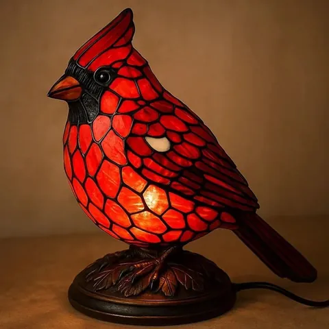 Cardinal Bird Decorative Table Lamp Stained Glass Style Resin Animal Desk Light Ornament for Christmas Home Decoration