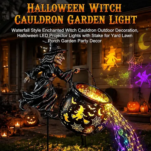 Halloween Witch Cauldron Garden Stake Light Outdoor Metal Cutout LED String Light For Yard Patio Pathway Decor Gift