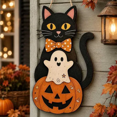 Halloween Holz Hängeschild Schwarze Katze Geist Kürbis Türhänger Outdoor Garten Dekorative Ornamente Feiertag Wandkunst Dekor