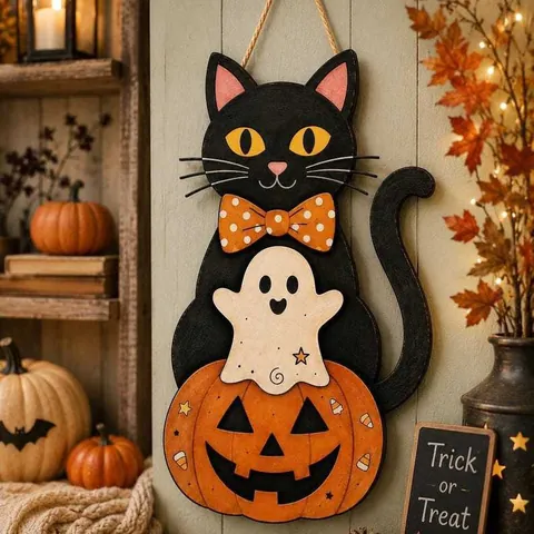 Halloween Holz Hängeschild Schwarze Katze Geist Kürbis Türhänger Outdoor Garten Dekorative Ornamente Feiertag Wandkunst Dekor