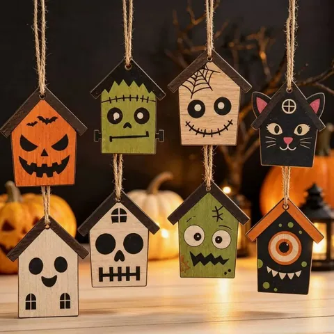 Halloween Wooden House Pendants Facial Expressions Hanging Ornaments Skull Pumpkin Ghost Frankenstein Tree Decoration Party Favors