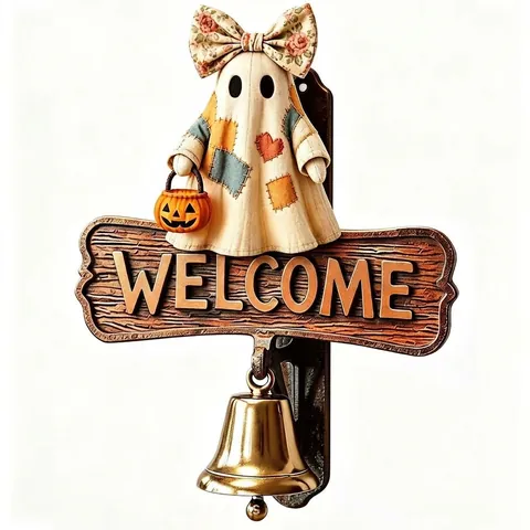 Timbre Decorativo de Resina de Rana Fantasma de Halloween Letrero de Bienvenida con Campana de Metal Decoración de Porche