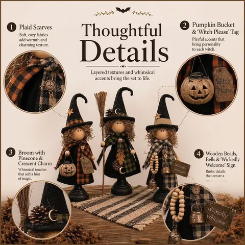 Vintage Primitive Witch Trio Halloween Tabletop Ornaments Fabric Wood Rustic Witch Figurine Set Indoor Festive Home Decor Ornaments