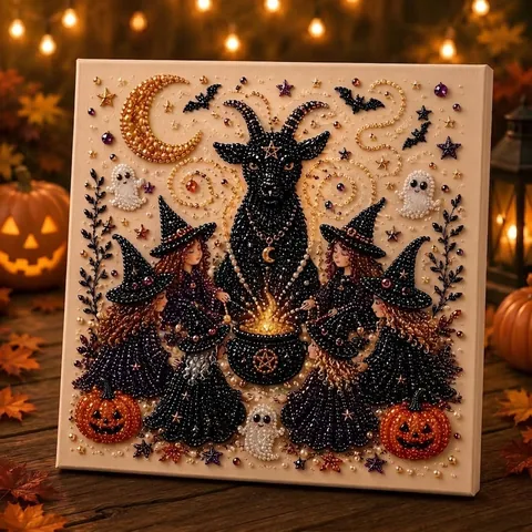Halloween Theme DIY Pearl Art Kit 3D Artificial Pearl Painting Set With Wood Frame Witch Ghost Pumpkin For Home Party Decor