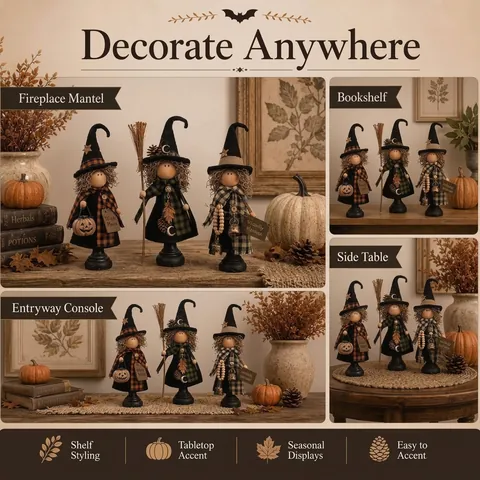 Vintage Primitive Witch Trio Halloween Tabletop Ornaments Fabric Wood Rustic Witch Figurine Set Indoor Festive Home Decor Ornaments