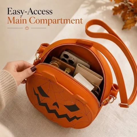Halloween Pumpkin Shaped PU Leather Handbag Crossbody Bag for Women Jack-O-Lantern Spider Web Pattern Festive Party Purse