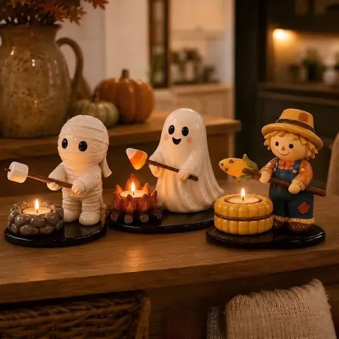 Halloween Campfire Tealight Holder Resin Ghost Mummy Scarecrow Figurine For Table Decor Spooky Party Ornament Desktop Gift