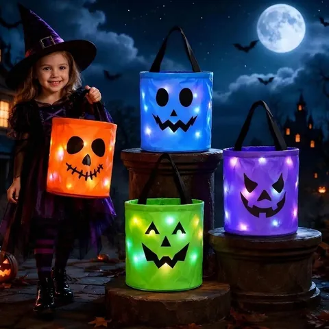 Halloween Glow In The Dark Candy Baskets LED Light Up Trick Or Treat Buckets Pumpkin Ghost Pattern Polyester Party Decoration Handbags