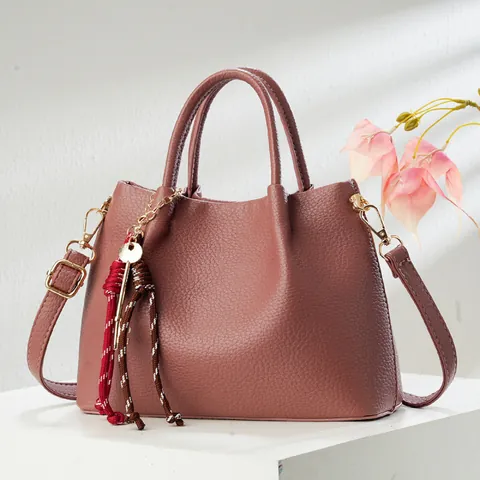 Mode Elegant Dames PU Leer Handtas Grote Capaciteit Lychee Patroon Top Handvat Tas Schoudertas Crossbody Tas Met Bedel