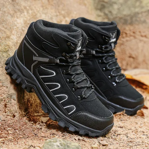 Men Professional Hiking Shoes Outdoor High Top Non-Slip Trekking Boots PU Rubber Winter Warm Plush Lining Snow Shoes