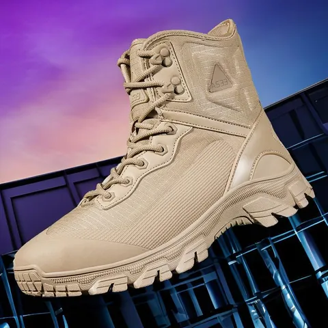 Men Tactical Boots Synthetic Leather Mesh Breathable Non-slip Outdoor Hiking Mid-Top Combat Boots Casual Wear-Resistant Work Boots