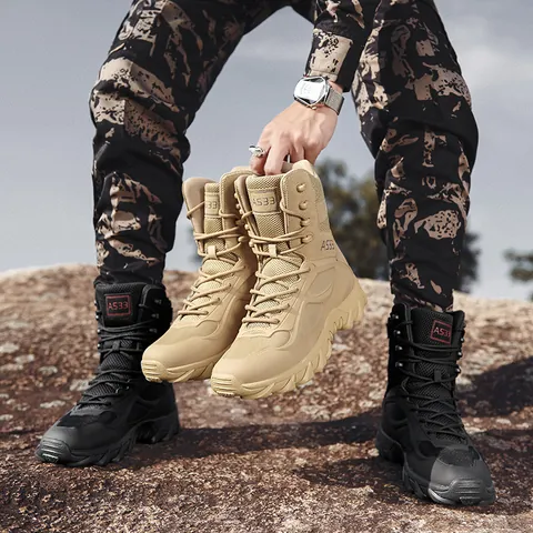 Men Tactical Boots Breathable Outdoor Hiking Desert Combat Training Shoes Side Zipper High Top Non-Slip Army Work Boots