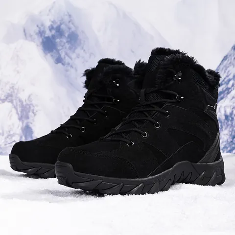Bottes de Neige Montantes pour Hommes en Cuir Suédé Chaude Doublure Peluche Bottes Tactiques Semelle en Caoutchouc Antidérapante Travail Hiver