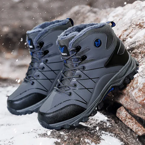 Men's High-Top Hiking Boots Winter Outdoor Trekking Shoes Waterproof Synthetic Leather Fleece Lined Warm Non-Slip Snow Boots