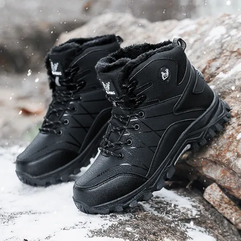 Men's High-Top Hiking Boots Winter Outdoor Trekking Shoes Waterproof Synthetic Leather Fleece Lined Warm Non-Slip Snow Boots
