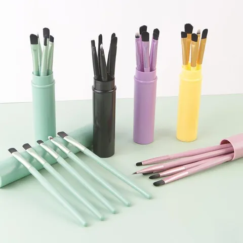 Portable 5 Pcs Makeup Brush Set With Cylindrical Storage Tube Soft Fiber Bristles Plastic Handle Travel Eye Beauty Tools