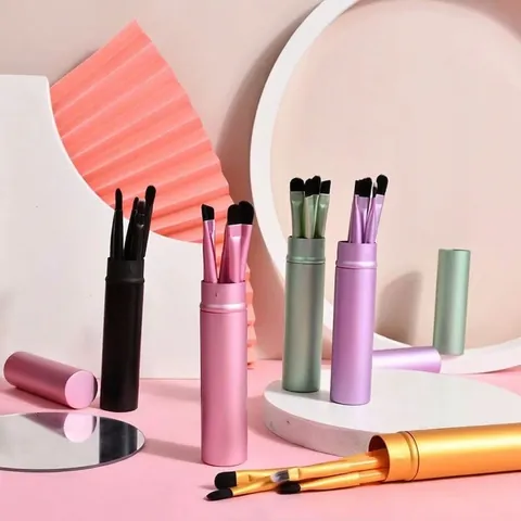 Collection de Pinceaux Maquillage Yeux avec Tube Portable Fibre Synthétique Estompeur Ombre à Paupières Anti-Cernes Voyage Beauté