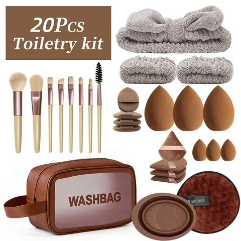 Synthetic Fiber Plastic Makeup Brush Set With Wash Bag Sponge Beauty Egg Foundation Powder Eyeshadow Brushes Kit For Women