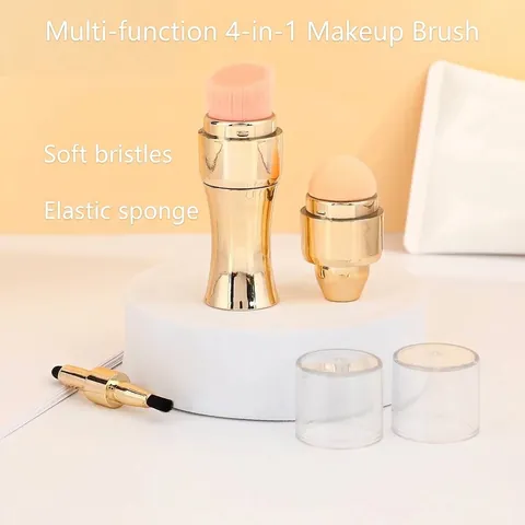 4 In 1 Portable Makeup Brush Set Double Ended Sponge Eyeshadow Lip Blush Powder Brush For Travel Daily Women Gold Plastic