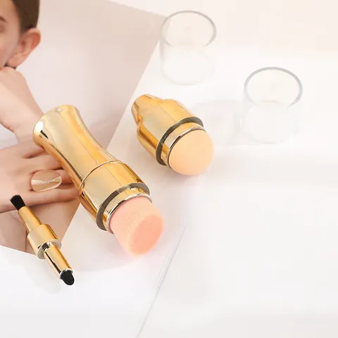 4 In 1 Portable Makeup Brush Set Double Ended Sponge Eyeshadow Lip Blush Powder Brush For Travel Daily Women Gold Plastic